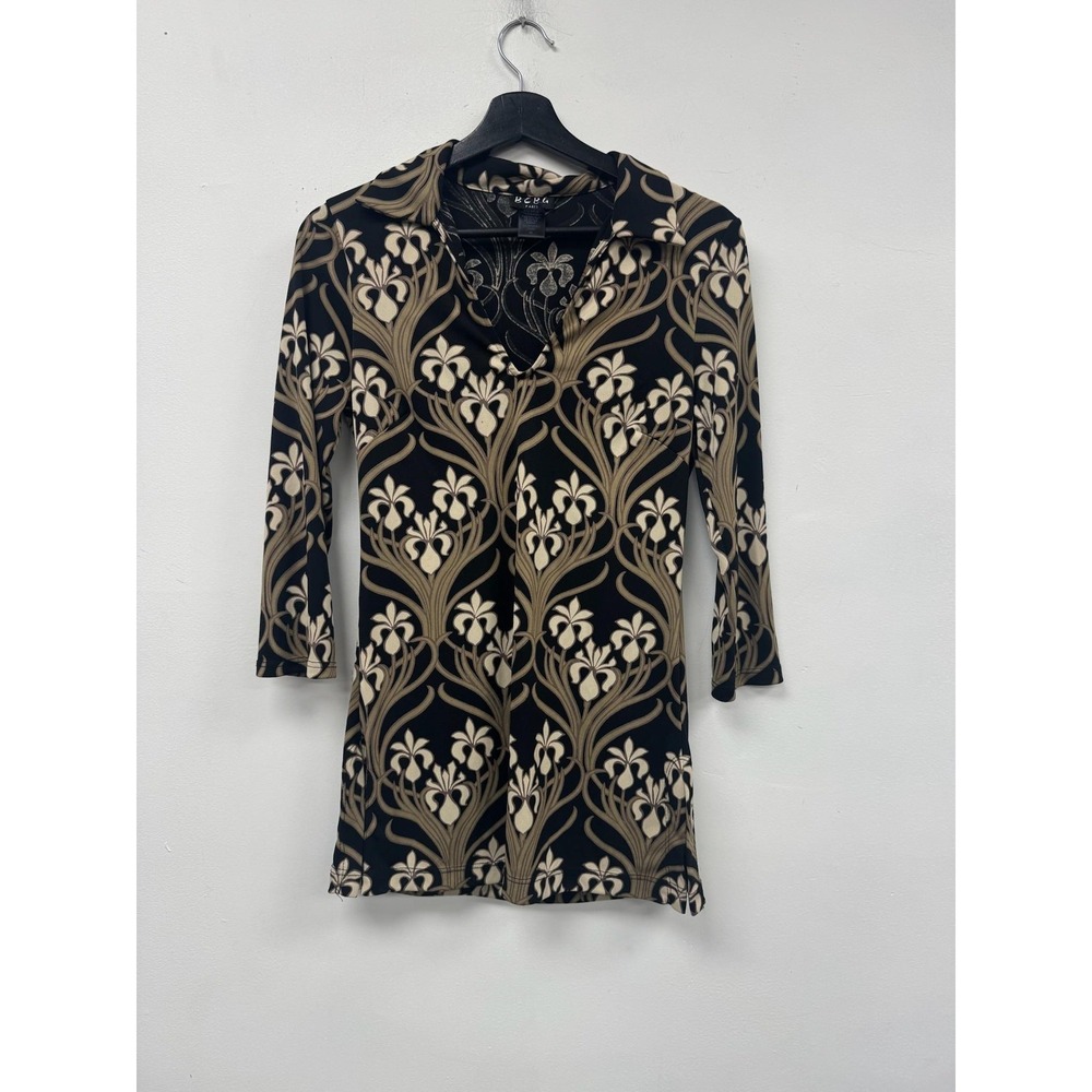 BCBG Paris Tunic Top Blouse Womens Medium Black Floral Print Collared 3/4 Sleeve